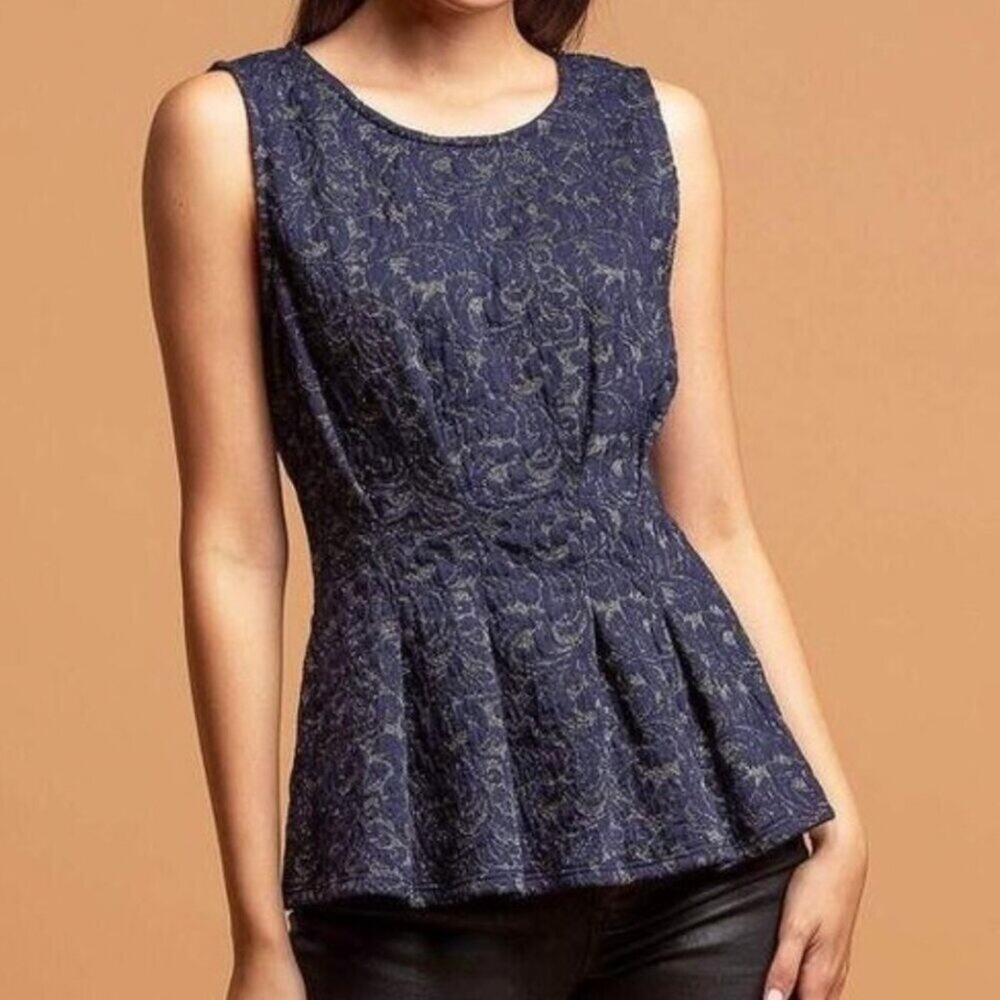 ANTHROPOLOGIE Eva Franco Top Women's Medium M Navy Gold Shimmer Peplum